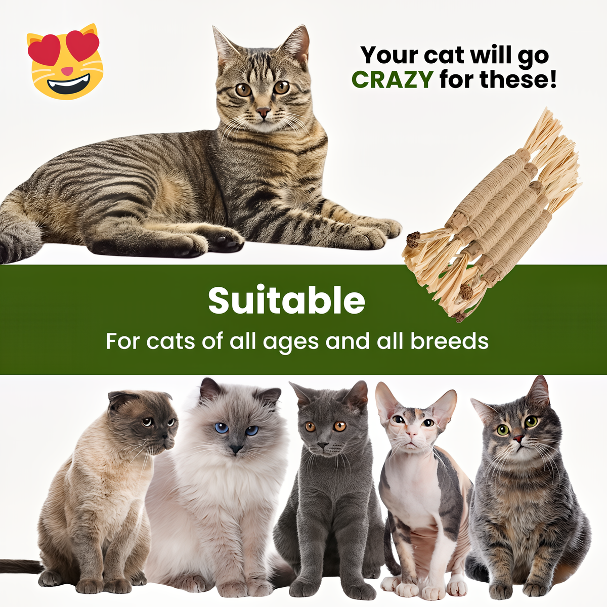 😻 More Happy Chews, More Playtime! Give your cat a naturally engaging way to chew, play, and stay entertained.