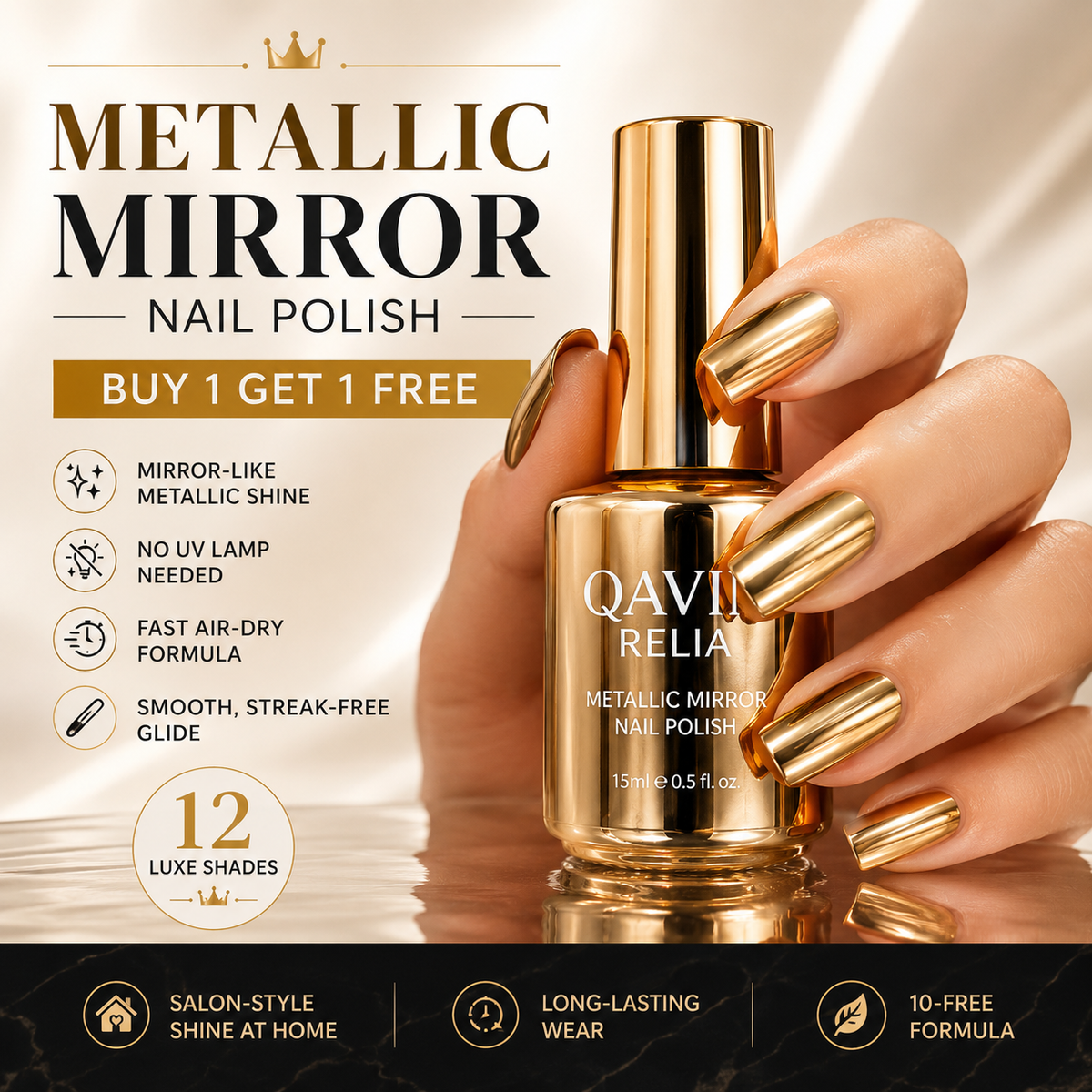 Metallic Mirror Nail Polish – High-Shine Chrome Finish, No UV Needed 🎁 Buy 1 Get 1 FREE ✨ Mirror-Like Shine · ⚡ Fast Air-Dry · 💡 No UV Lamp · 🎨 12 Luxe Shades