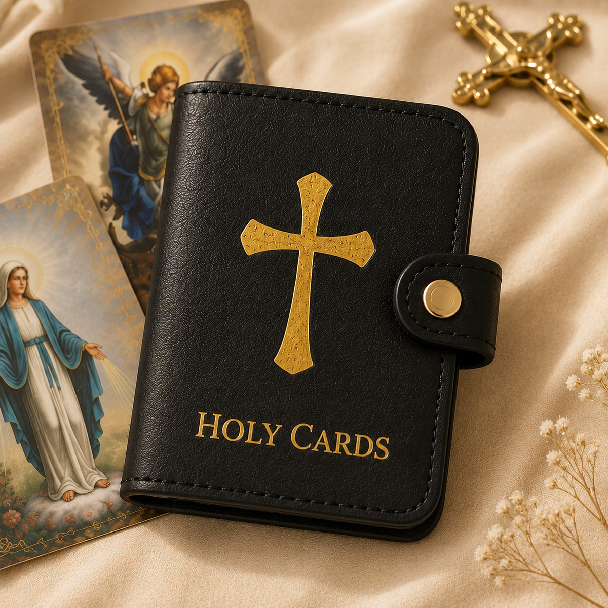 ✝️ Catholic Genuine Leather Holy Card Holder – Pocket Prayer Card Organizer with Snap Closure